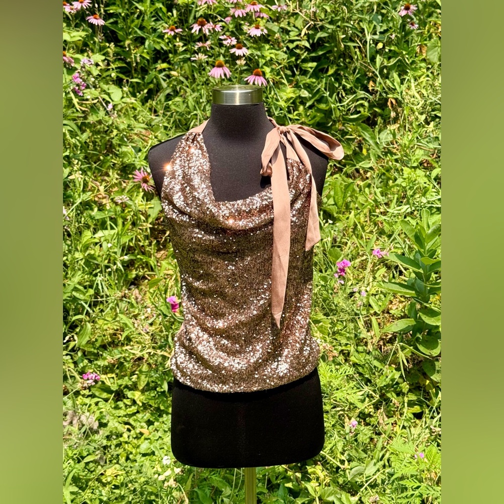 Ann Taylor Champagne Pink Rose Gold Sequin Tank Adjustable Bow